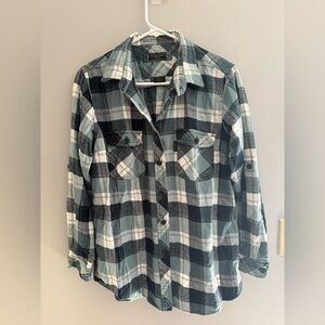 Five Brothers Button Up Long Sleeve Flannel Womans SZ XL Blue Plaid Pockets Fall